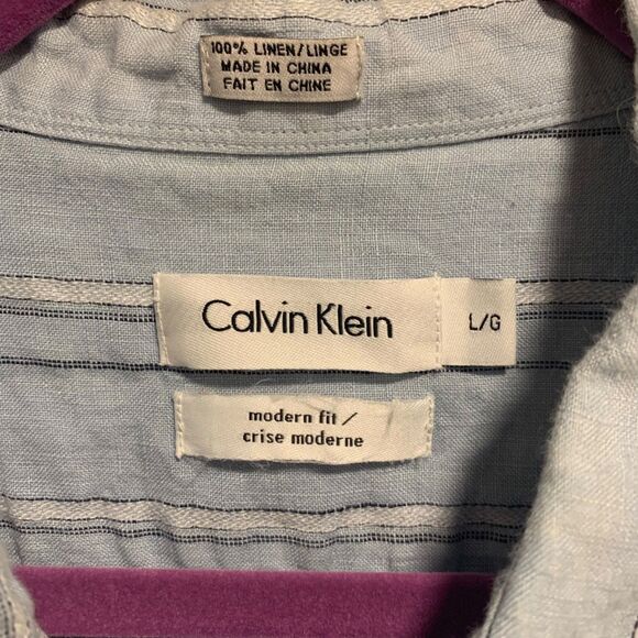 Calvin Klein Mens Preppy nautical blue Striped Linen Button Up Top L Coastal - Picture 3 of 5